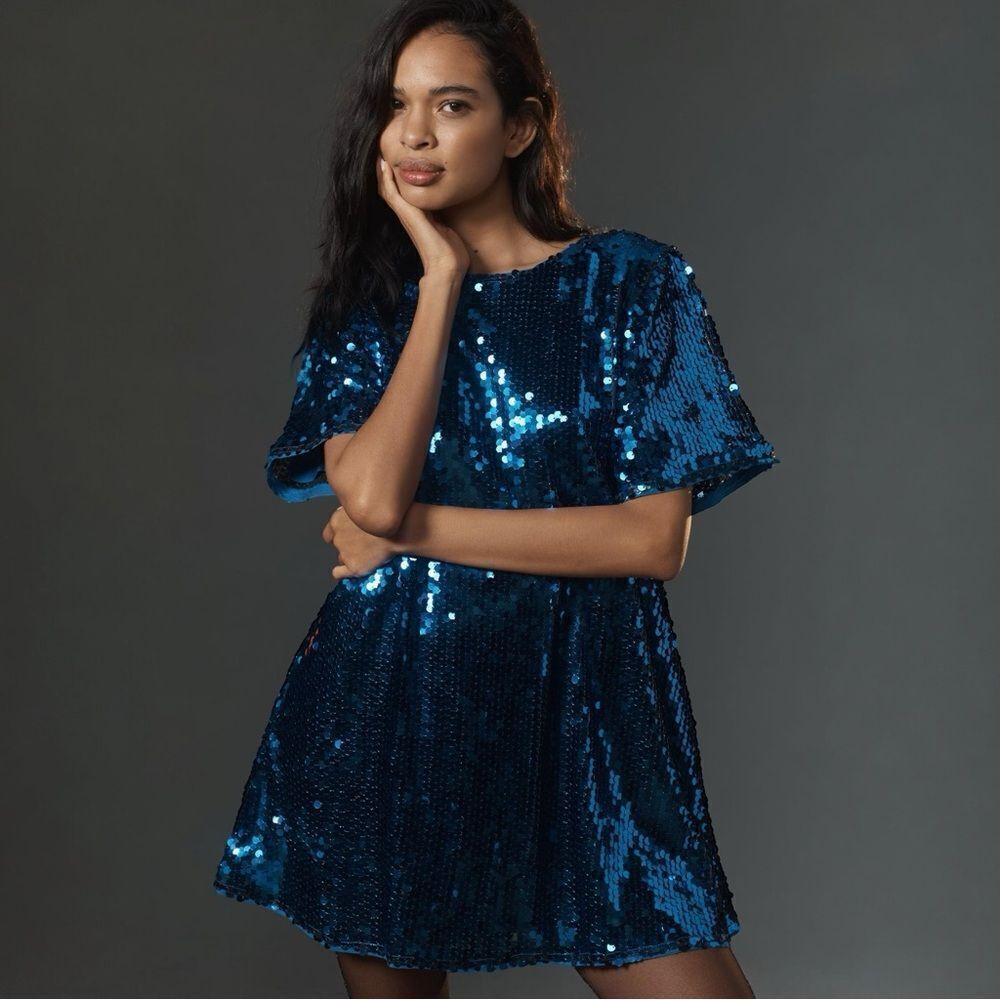 NWT Anthropologie Dress Maeve Emmy Short-Sleeve Swing Mini Sequin Blue Small